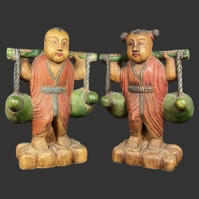 Pair Asian Hand Carved Farmer Carrying Figurines