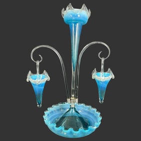 Victorian Blue Art Glass Epergne with Basket