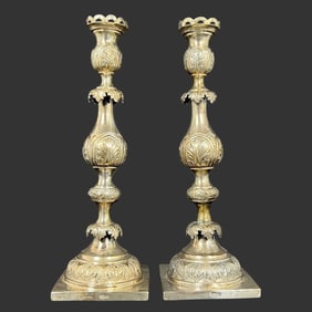 Pair of Ornate Russian 84 Silver Candlesticks