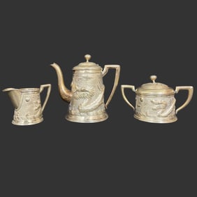 Chinese Sterling Silver Dragon Motif Tea Set