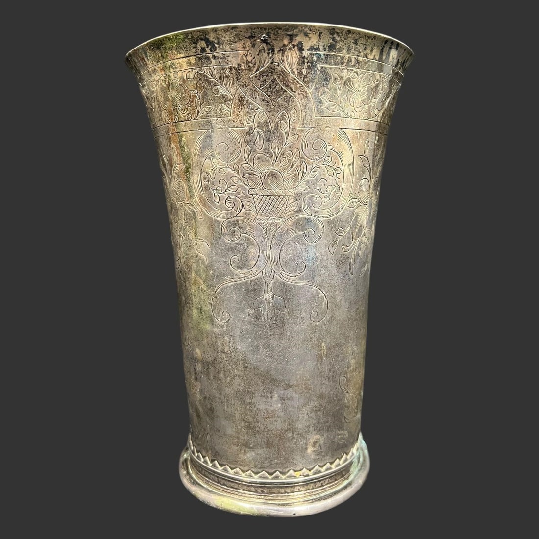 Antique Continental Solid Silver Cup Beaker: Silver beaker features finely engraved foliate scrollwork and stylized bird motifs, executed in a traditional European decorative style. The exterior displays continuous floral ornamentation with bird