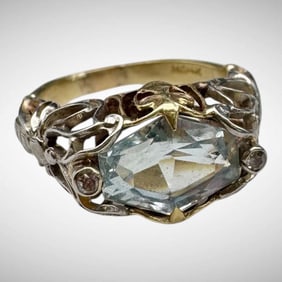 Art Deco 14K Aquamarine Diamond Filigree Ring