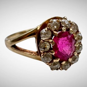 14K Yellow Gold Ruby Diamond Halo Ring