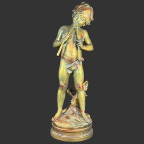 French Gilt Bronzed Boy w/ Flute Sculpture Signed