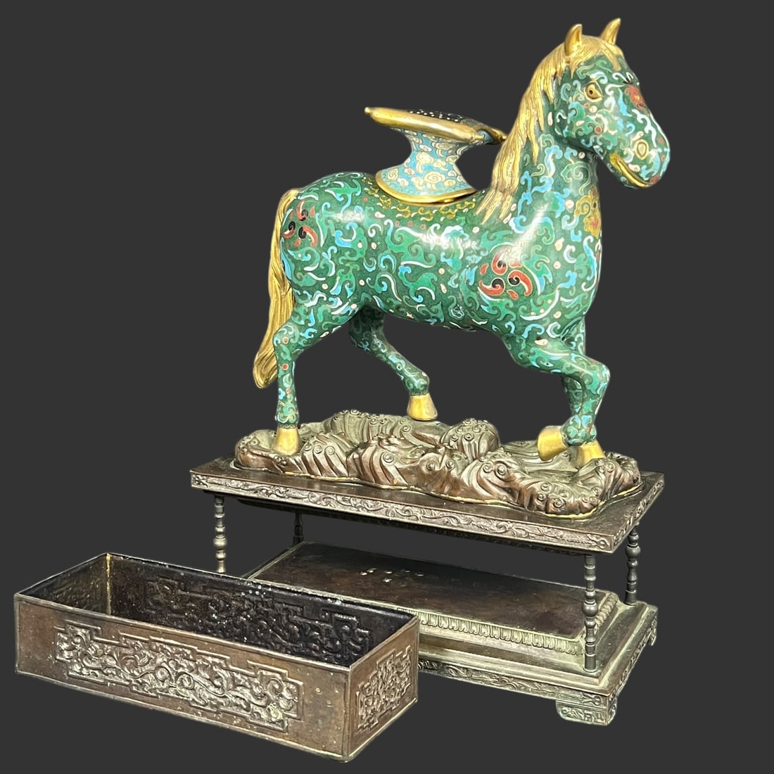 Chinese Cloisonné Horse Incense Burner: Finely crafted Chinese cloisonné enamel incense burner in the form of a standing horse, dating to the late Qing dynasty to early Republic period (circa late 19th to early 20th century). The horse is