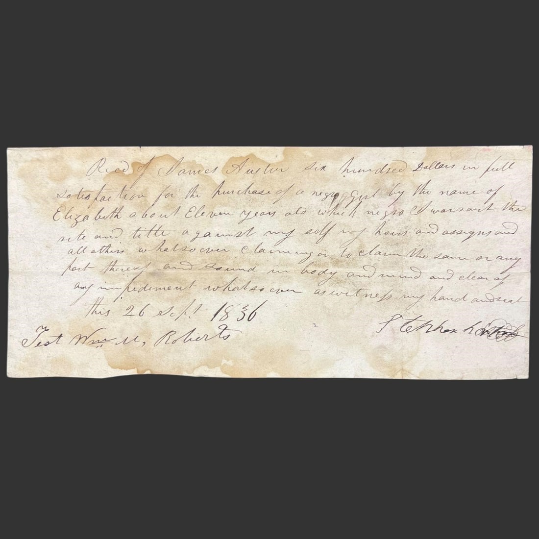 1836 Slave Bill of Sale Girl "Elizabeth" Age 11 (1 of 4)