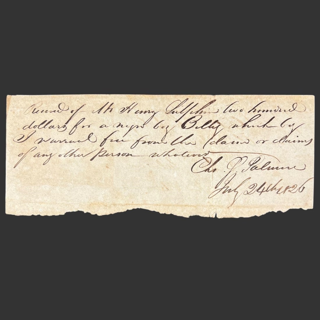 1826 Slave Receipt for Enslaved Boy "Billy" (1 of 4)
