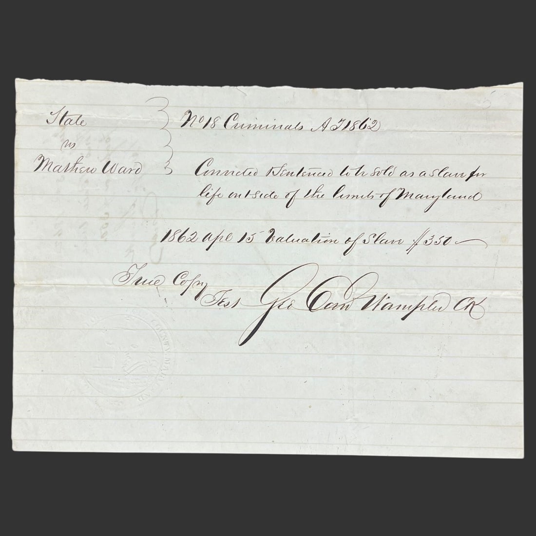 1862 Maryland Slave Sentencing Court Document (1 of 5)