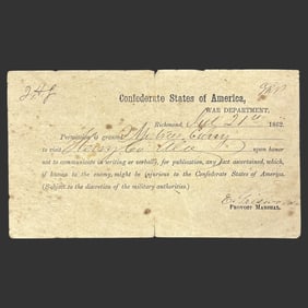 1862 Confederate War Dept Travel Pass Richmond CSA