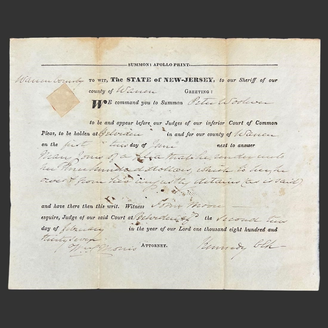 1837 NJ Court Summons w/ Sheriff Apger (1 of 4)
