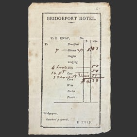 Early 1800s Bridgeport CT Hotel Billhead