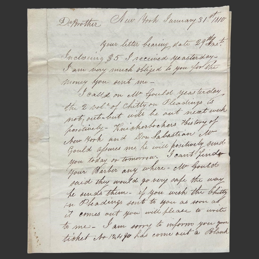 1810 NY Letter on Books & Lottery News (1 of 4)