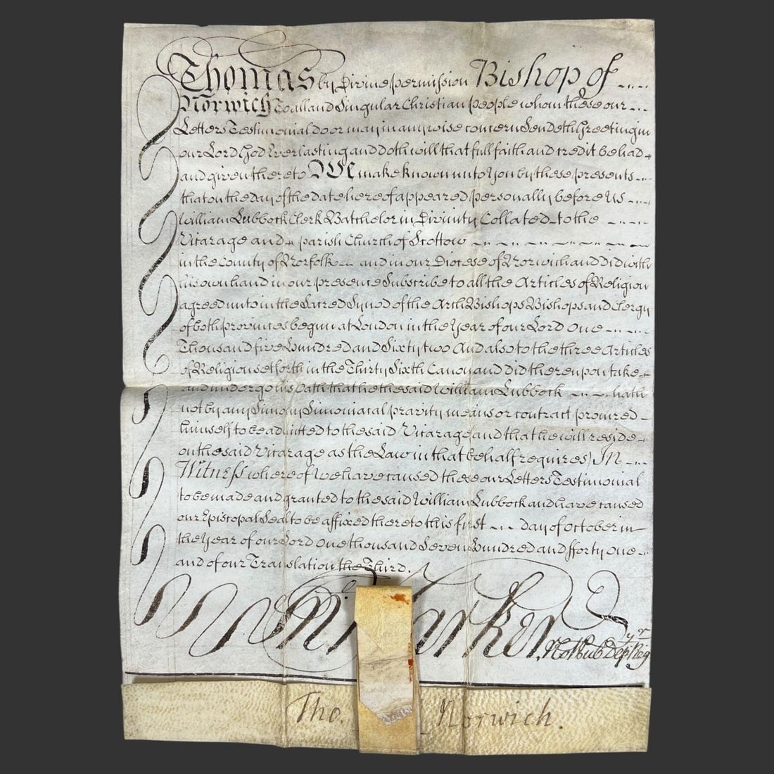 1741 Bishop of Norwich Ecclesiastical Document (1 of 3)