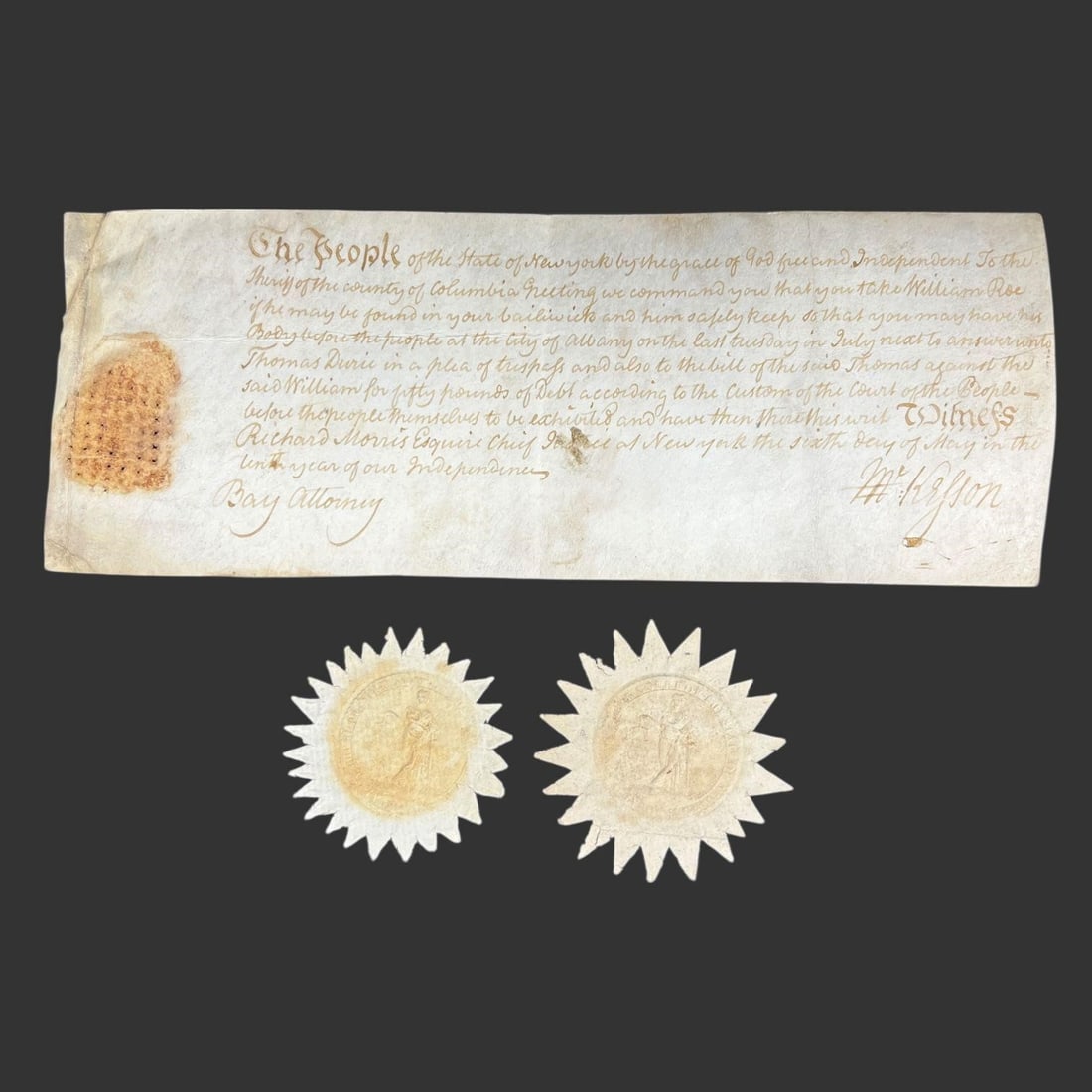 1786 NY Supreme Court Writ Chief Justice Morris: An original post-Revolutionary New York judicial writ, dated May 6, 1785 (the ninth year of American Independence), issued in the name of "The People of the State of New York" and directed to the sher