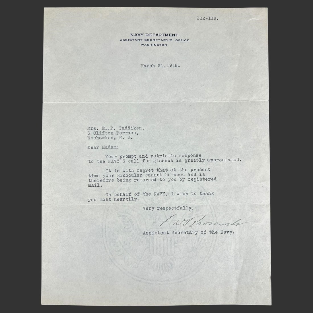 1918 FDR Signed Navy Department Letter (1 of 2)