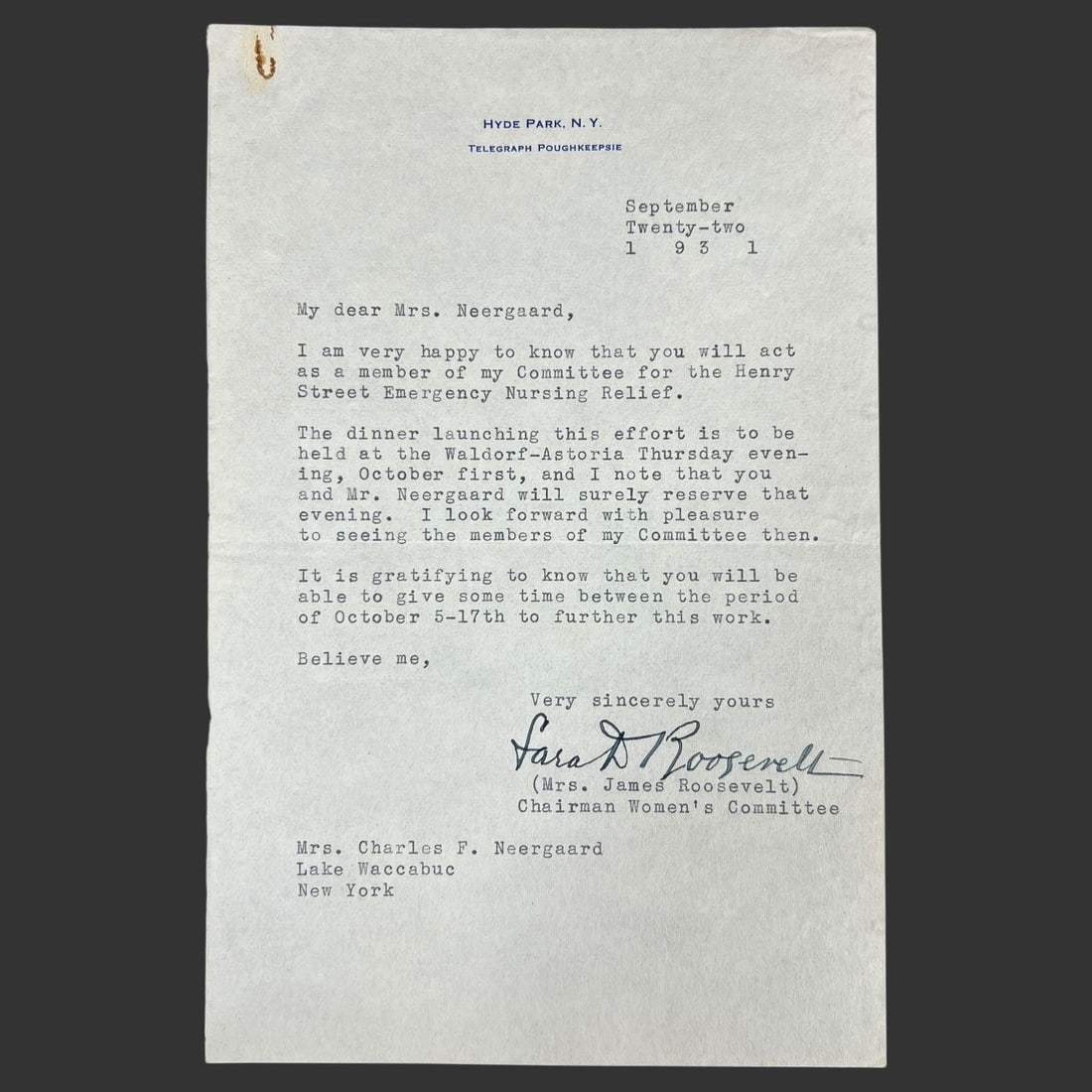 1931 Sara Roosevelt Signed Hyde Park Letter (1 of 2)