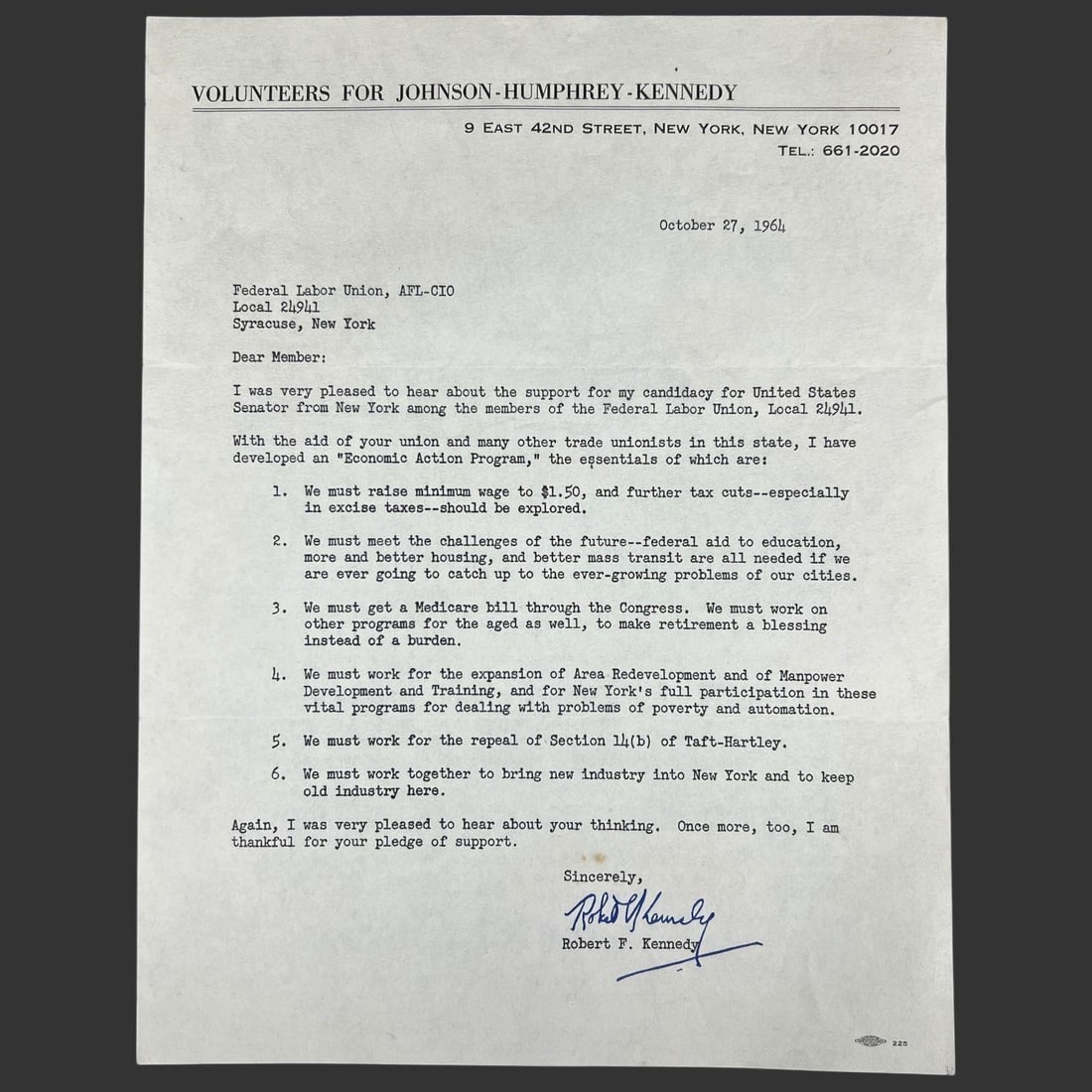 1964 Robert F. Kennedy Signed Campaign Letter (1 of 2)