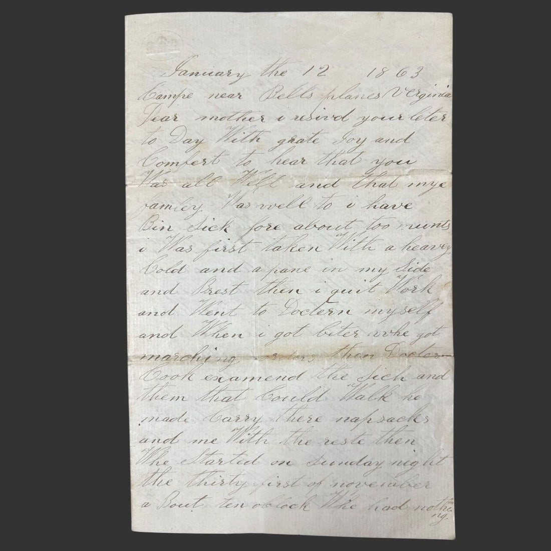 1863 Belle Plains VA Civil War Soldier Letter (1 of 4)
