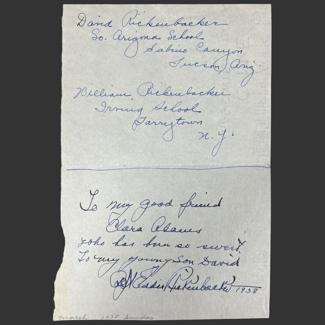 1938 Eddie Rickenbacker Note to Clara Adams (1 of 4)