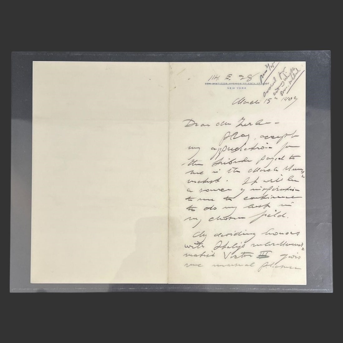 V.D. Brenner Signed Letter & 1909 Lincoln Cent (1 of 4)