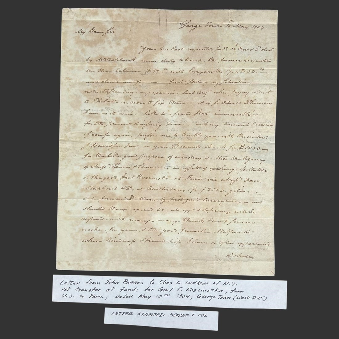 1804 John Barnes ALS, Finance & Kosciuszko (1 of 5)