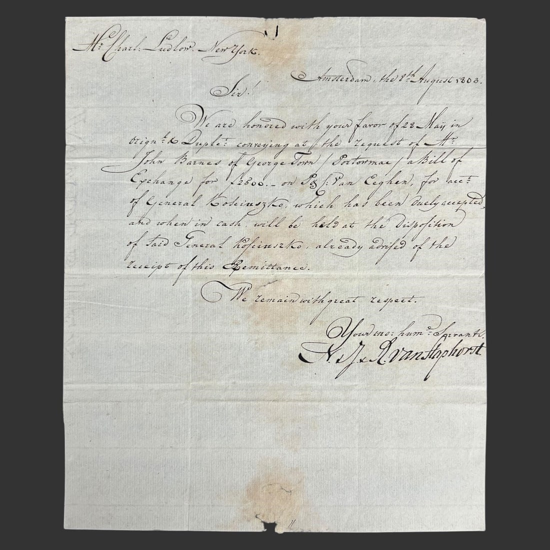 1803 Kosciuszko Finance Letter, Amsterdam (1 of 2)