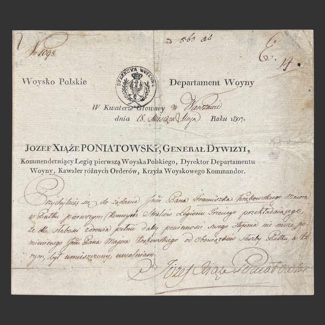 Prince Poniatowski Signed Military Discharge, 1807: Original Napoleonic-era Poland military discharge document issued from the War Department in Warsaw on May 18, 1807, under the authority of Prince Józef Poniatowski, Commander-in-Chief of Polish