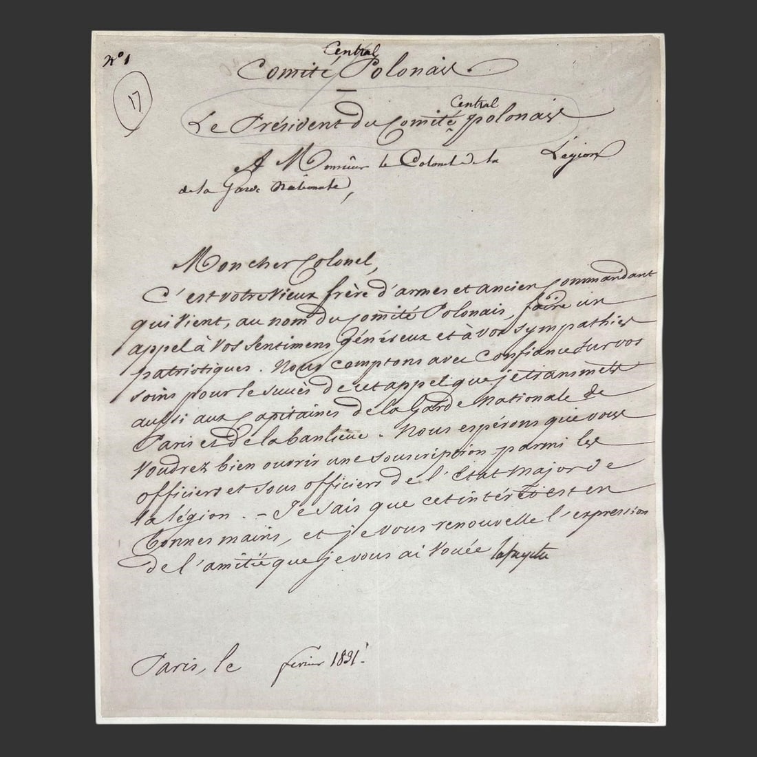 Marquis de Lafayette Letter on Poland, 1831: Autograph letter signed by Marie-Joseph Paul Yves Roch Gilbert du Motier, Marquis de Lafayette, dated Paris, February 1831, written in French and addressed to a colonel of the Polish forces. Signed