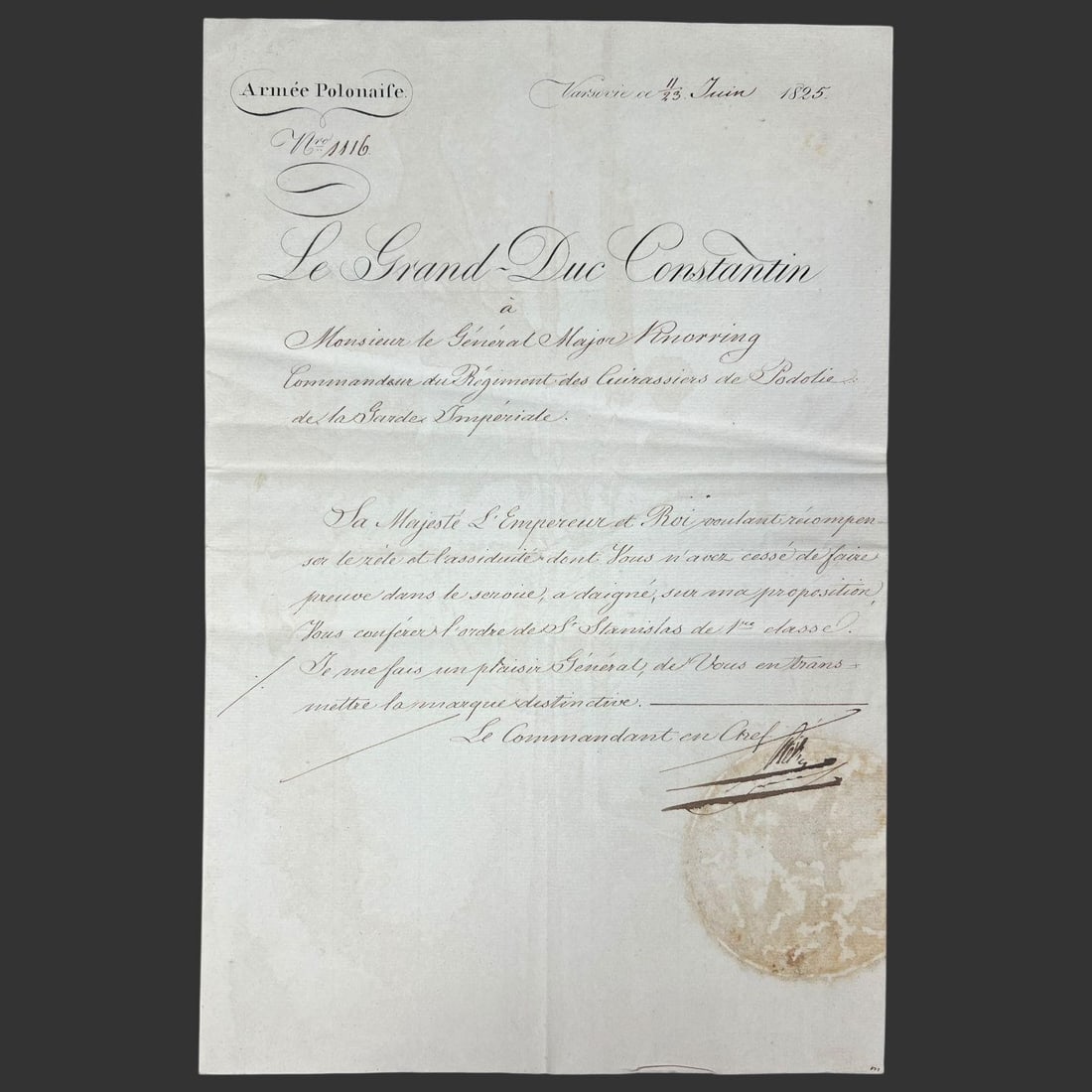 Grand Duke Constantine Signed Award, 1825: Manuscript military award document issued in Warsaw on June 23, 1825, signed by Grand Duke Constantine Pavlovich of Russia (1779-1831), Commander-in-Chief of the Polish Army and brother of Tsar