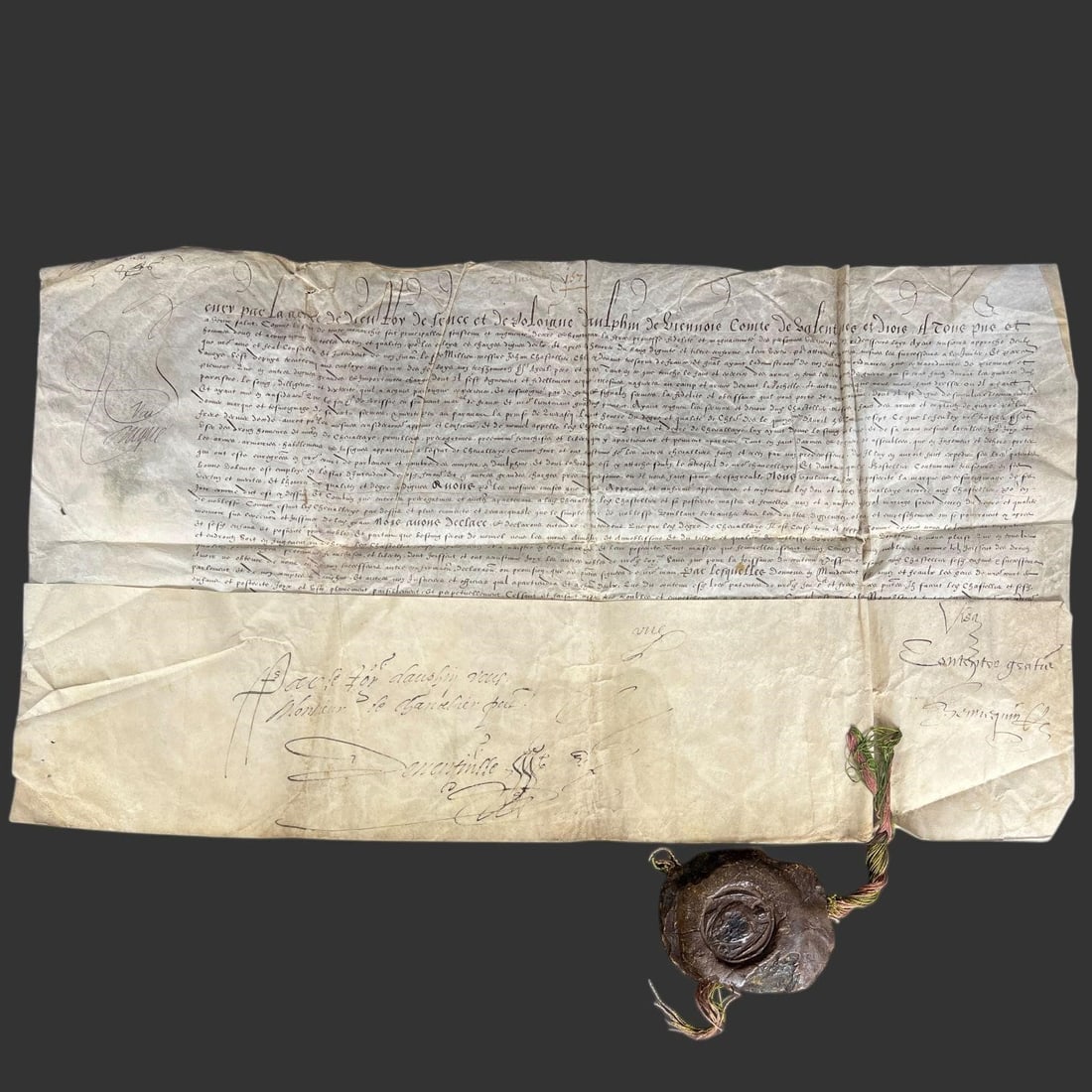 1577 Royal Decree King Henry III France Poland: Original royal legal instrument issued in 1577 in the name of King Henry III of France and Poland (r. 1574-1589), formally confirming noble rank, territorial rights, and hereditary privileges relating