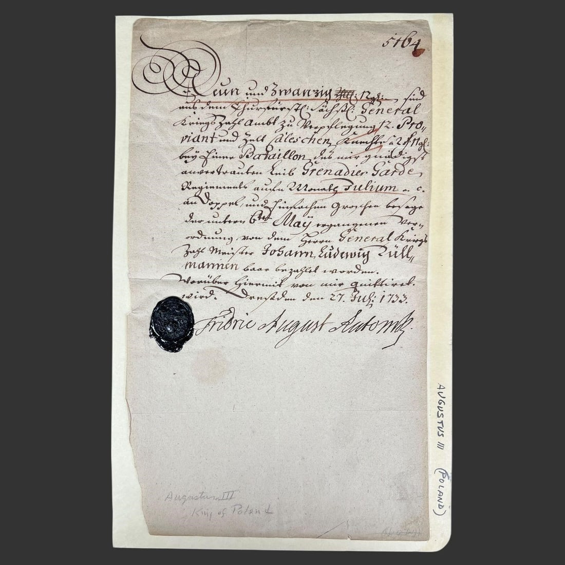 August III, King of Poland Military Order, 1733: Official royal military document signed by August III, King of Poland and Grand Duke of Lithuania, dated July 27, 1733. Written in period German script, the document confirms an officer's appointment