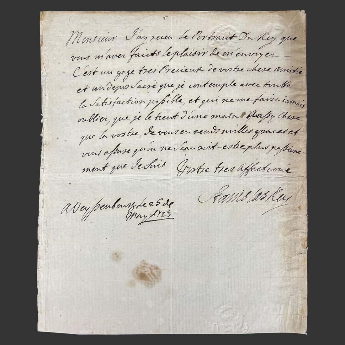 Stanislaw Leszczynski King Poland Signed Letter: Autograph letter signed "Stanislas Rex", dated May 1723, written in French by Stanisaw I Leszczyski (1677-1766), King of Poland and Grand Duke of Lithuania. The letter expresses royal gratitude for