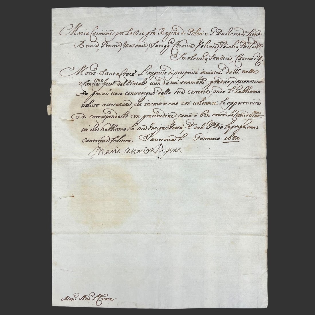 Queen Maria Casimira "Marysienka" Letter 1682 (1 of 5)