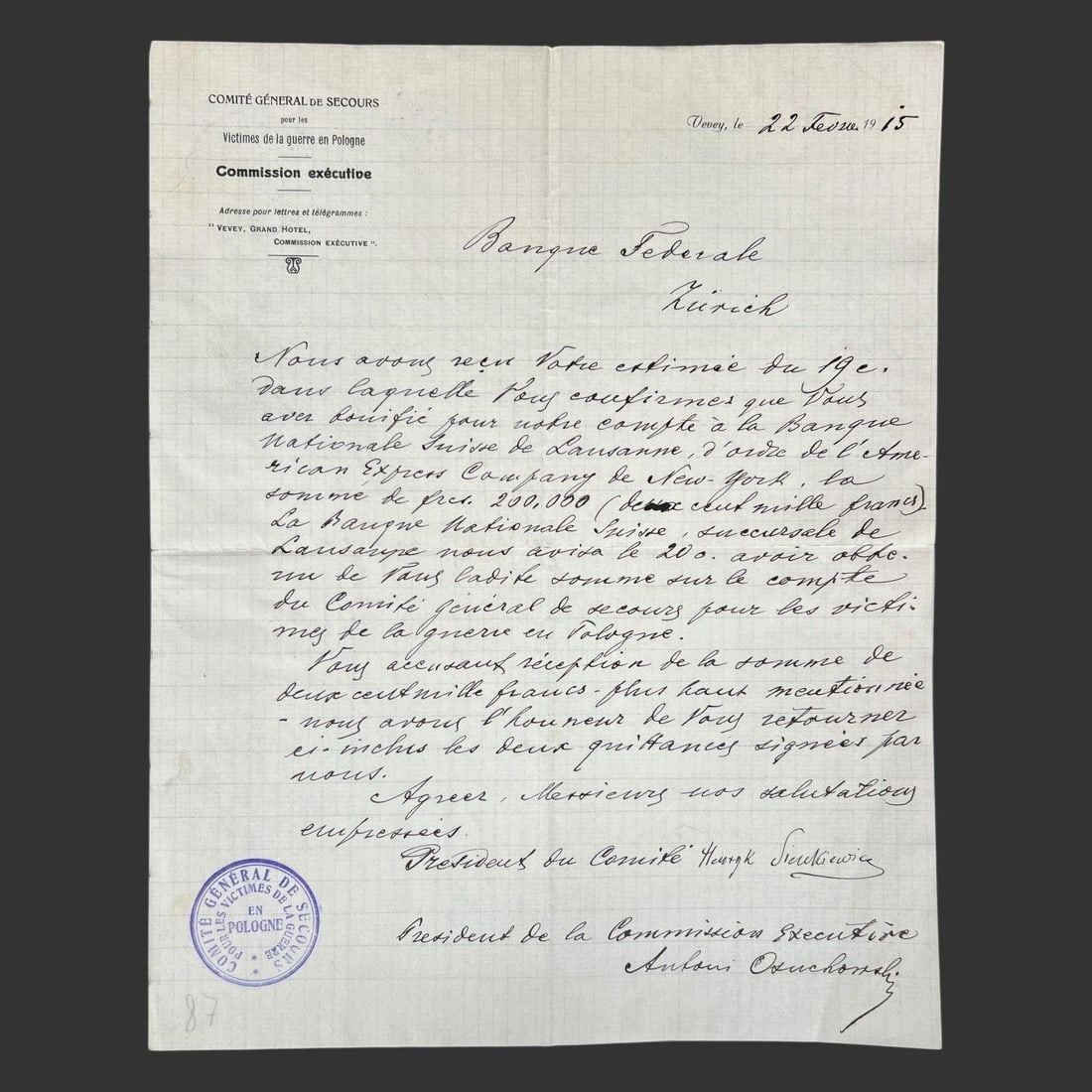 World War I Polish Relief Letter Sienkiewicz 1915 (1 of 7)