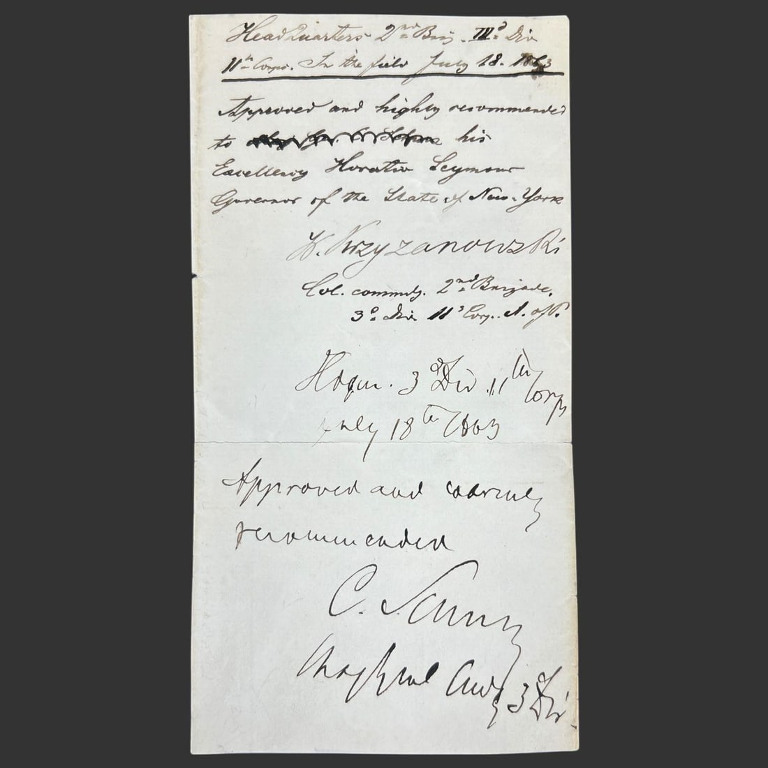 Civil War Letter Signed Schurz & Krzyzanowski 1863 (1 of 3)