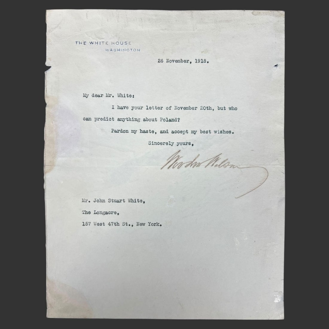 Woodrow Wilson TLS on Poland - White House, 1918 (1 of 4)