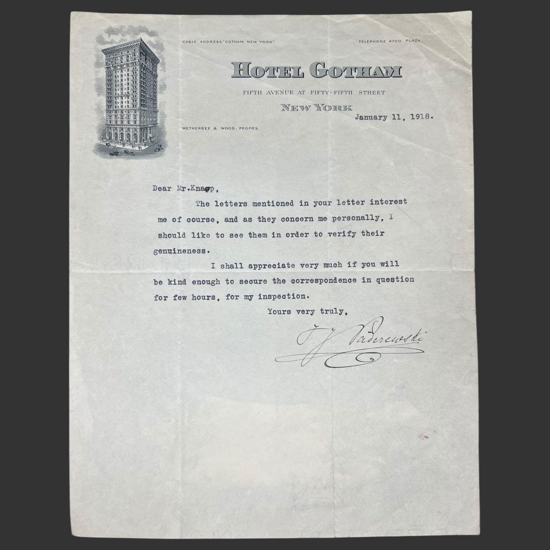 Paderewski TLS Hotel Gotham Letterhead, 1918 (1 of 3)