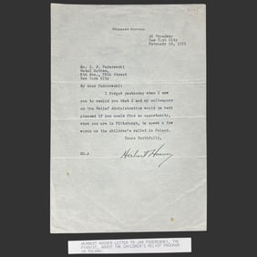 Herbert Hoover TLS to Ignacy Paderewski 1921 NYC