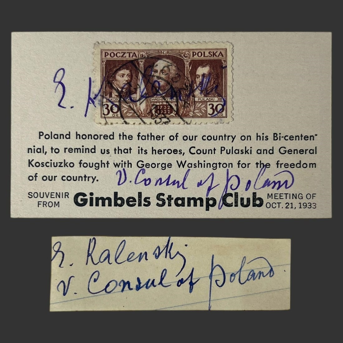 1933 Edmund Kalenski Vice Consul Signed Card (1 of 4)