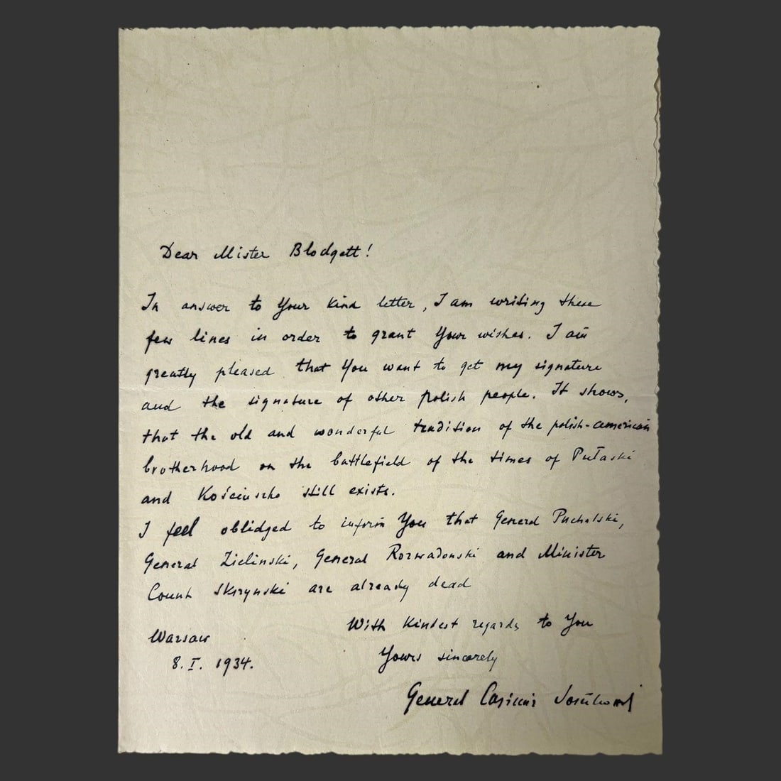 1934 Letter Signed by Gen. Casimir Sosnkowski (1 of 4)