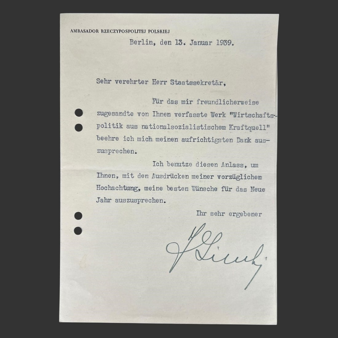1939 Berlin Letter Signed Józef Lipski (1 of 4)