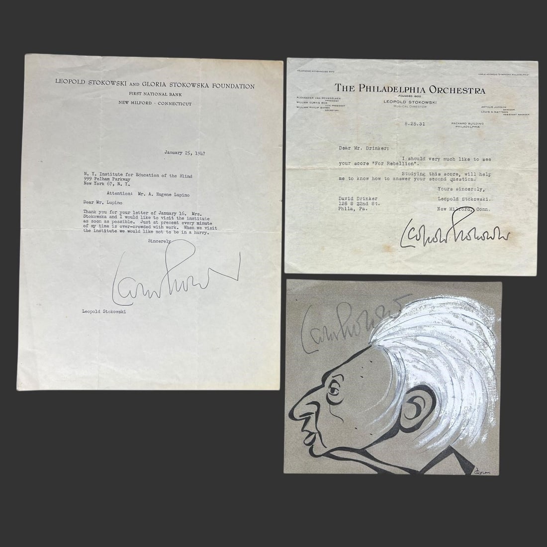 Leopold Stokowski Signed Letters & Caricature (1 of 7)