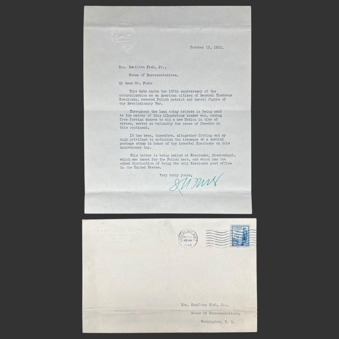 1933 Kociuszko Letter Signed James A. Farley: Official typed letter on embossed "The Postmaster General, Washington" letterhead, dated October 13, 1933, addressed to Congressman Hamilton Fish, Jr., commemorating the 150th anniversary of the natur