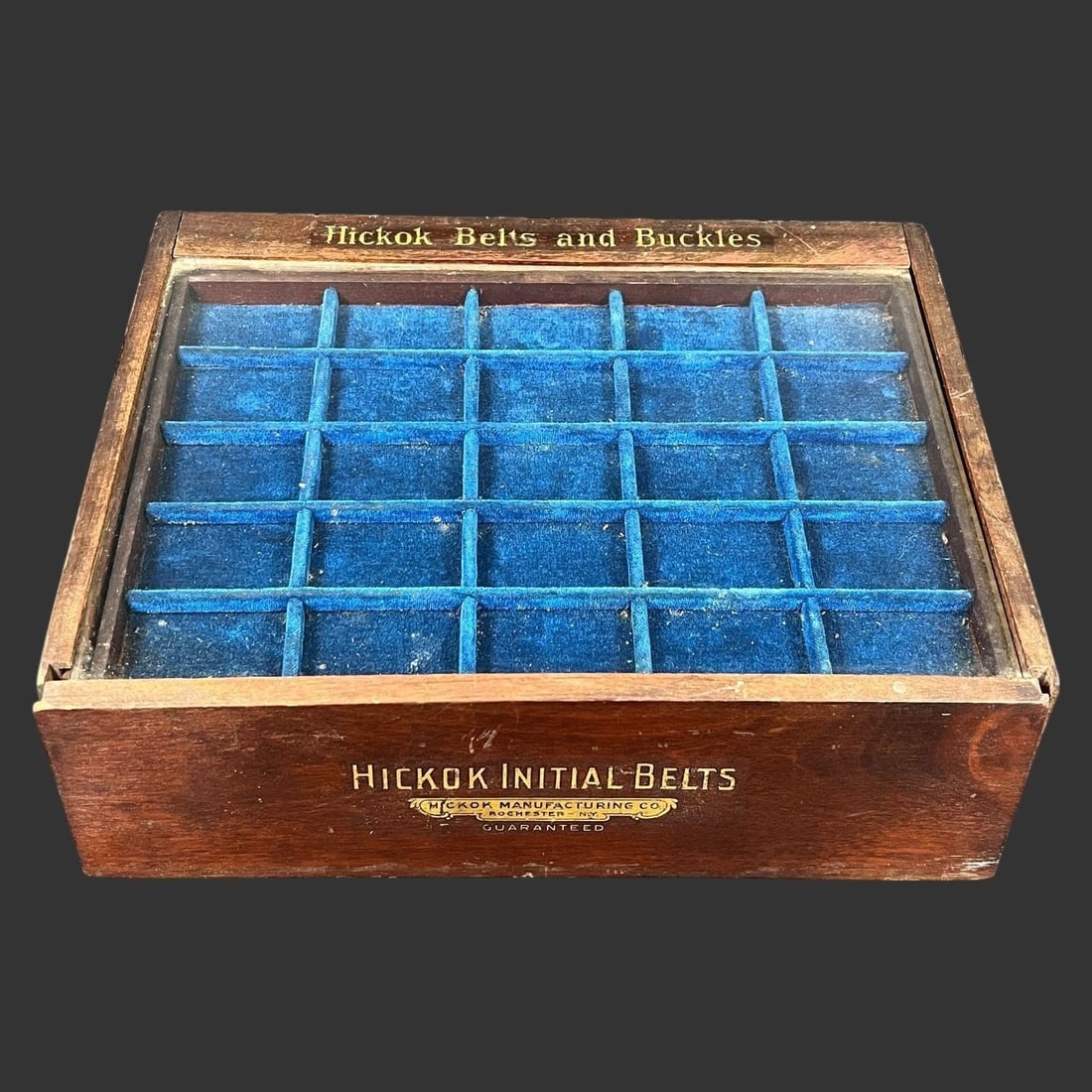 Hickok Initial Belts & Buckles Store Display Case: This original early 20th century Hickok Manufacturing Company store display case for Hickok Initial Belts and Buckles, Rochester, New York, is a scarce surviving piece of American retail history, cons
