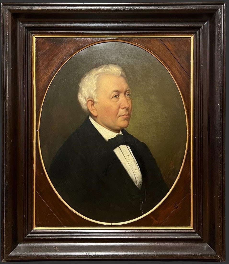 19thC. Oval Portrait of a Gentleman, Oil on Canvas: This refined 19th-century oval portrait depicts a distinguished gentleman in formal black attire with a white shirt and bow tie, painted in a restrained academic style typical of mid-to-late-1800s Ame
