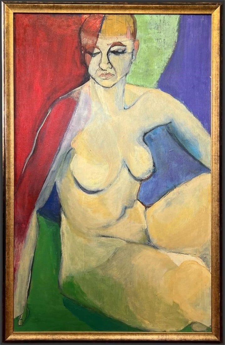 Modernist Nude Study in Bold Color-Block Setting: This striking modernist oil painting depicts a seated female nude rendered in a powerful, expressive style against a dramatic field of red, green, blue, and violet color blocks. The artist uses broad,