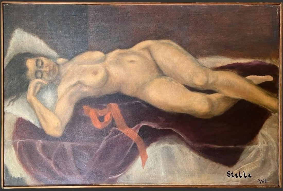 Artist Signed Nude Oil on Canvas, 1962: This powerful mid-20th-century oil on canvas depicts a standing nude figure rendered in a moody, atmospheric style that blends academic figure study with expressive modernism. The model is posed again