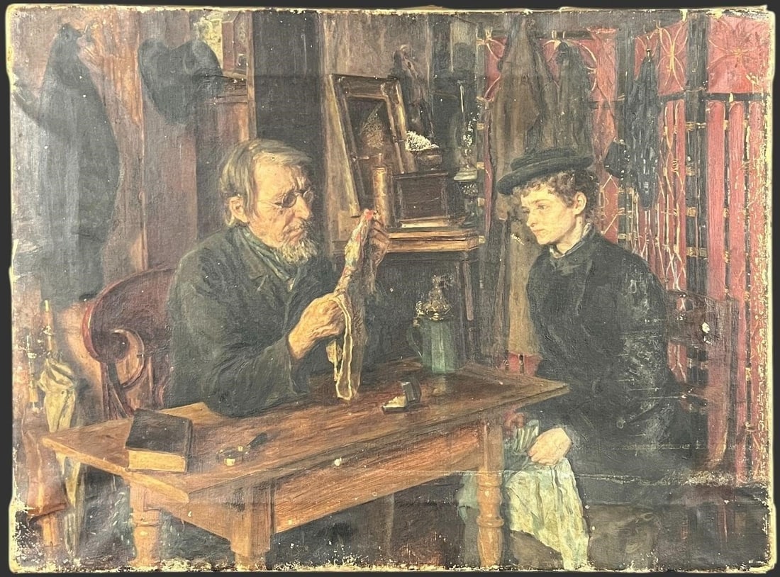 19th C. Continental Genre Painting Pawn Shop Scene: Oil on canvas depicting a finely observed 19th-century interior genre scene, likely set in a pawn shop or jeweler's office. An elderly man, possibly a pawnbroker or jeweler, sits at a wooden table car