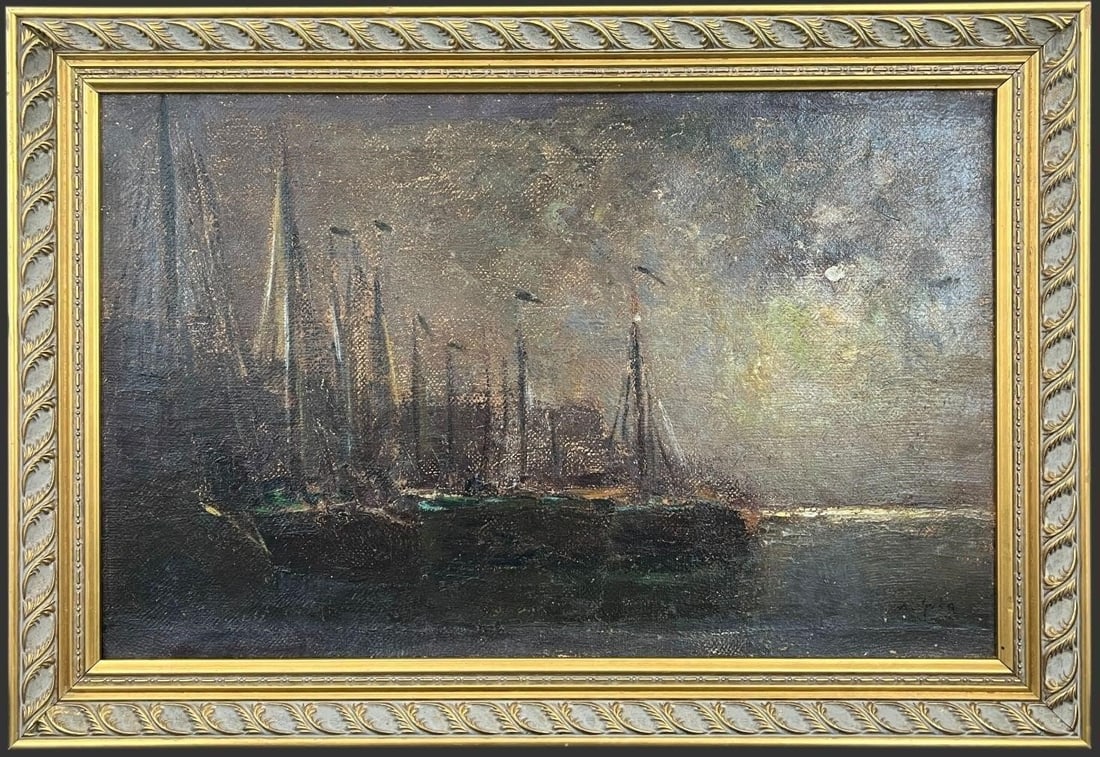 Moody Harbor at Dusk, Oil on Canvas in Gilt Frame: This evocative oil on canvas depicts a quiet harbor scene at dusk, with a line of sailing vessels silhouetted against a glowing, atmospheric sky and shimmering reflections across dark, still water. Pa