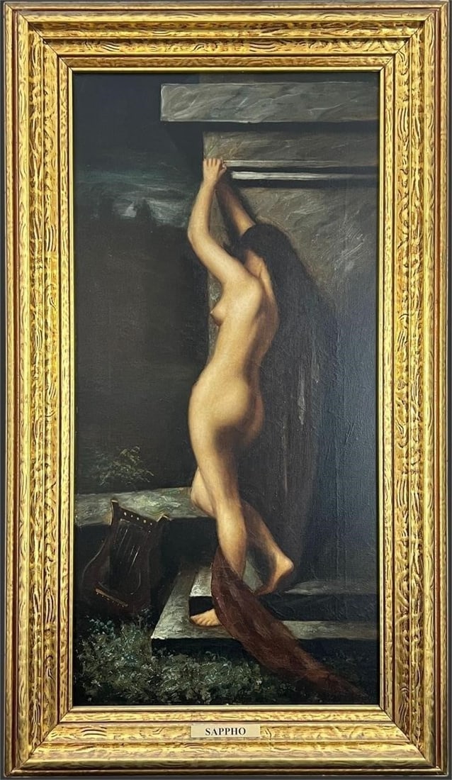 Sappho - Framed Classical Nude Oil Painting: This striking framed oil painting titled 'Sappho' presents a dramatic classical nude rendered in a rich, academic style, depicting the legendary Greek poet in a moment of introspective tension as she